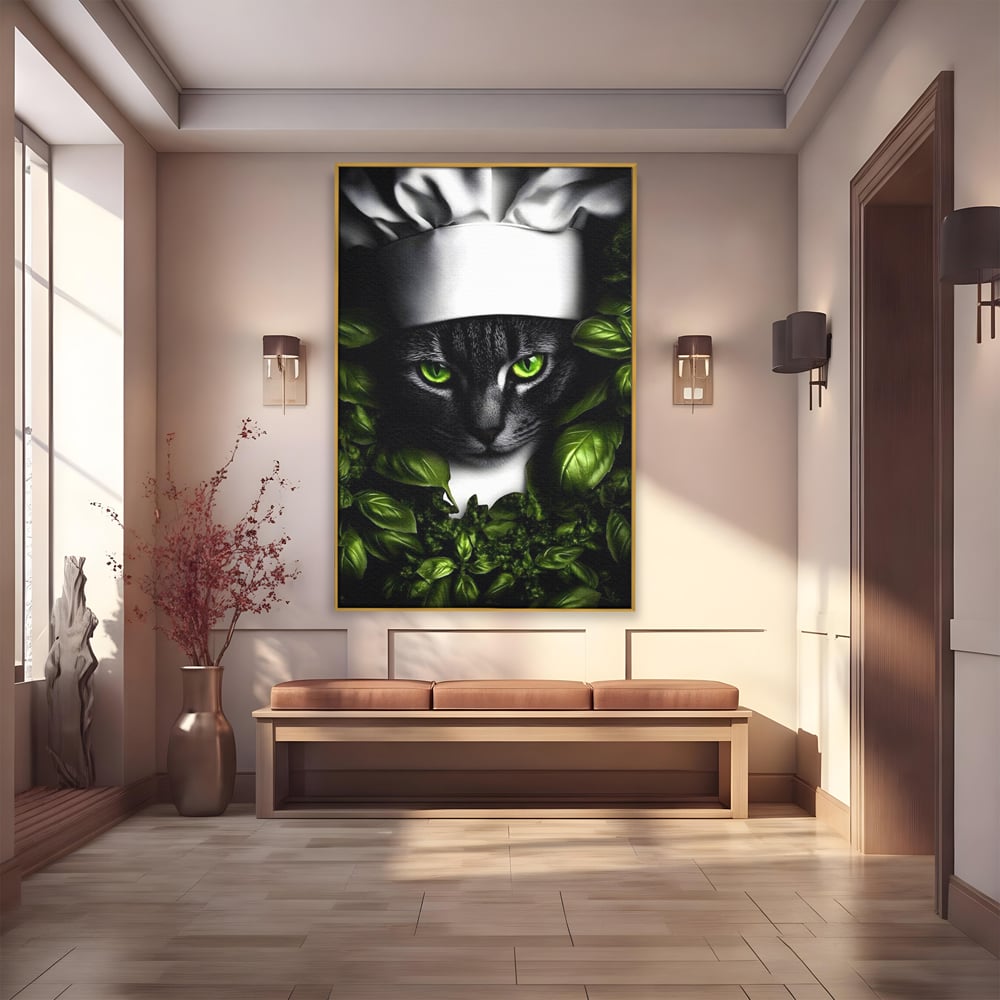 Tablou Canvas Premium, LuxCanva® M1208, Pisica Gourmet, Pisica, Bucatar, Plante, Felina, Frunze, Aroma, Bucatarie, Gastronomie, Restaurant, Vegetal, Birou, Living, Camera Copil