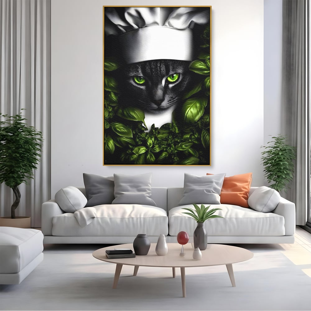 Tablou Canvas Premium, LuxCanva® M1208, Pisica Gourmet, Pisica, Bucatar, Plante, Felina, Frunze, Aroma, Bucatarie, Gastronomie, Restaurant, Vegetal, Birou, Living, Camera Copil