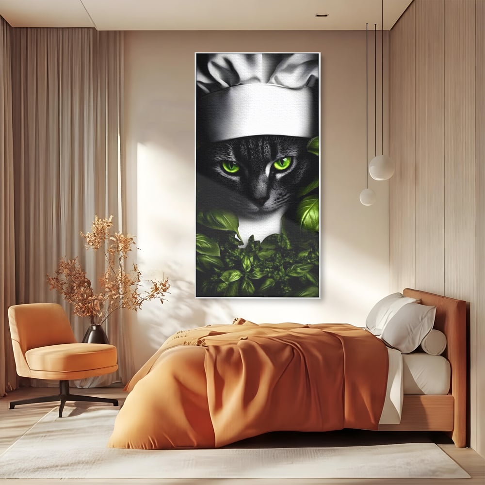 Tablou Canvas Premium, LuxCanva® M1208, Pisica Gourmet, Pisica, Bucatar, Plante, Felina, Frunze, Aroma, Bucatarie, Gastronomie, Restaurant, Vegetal, Birou, Living, Camera Copil
