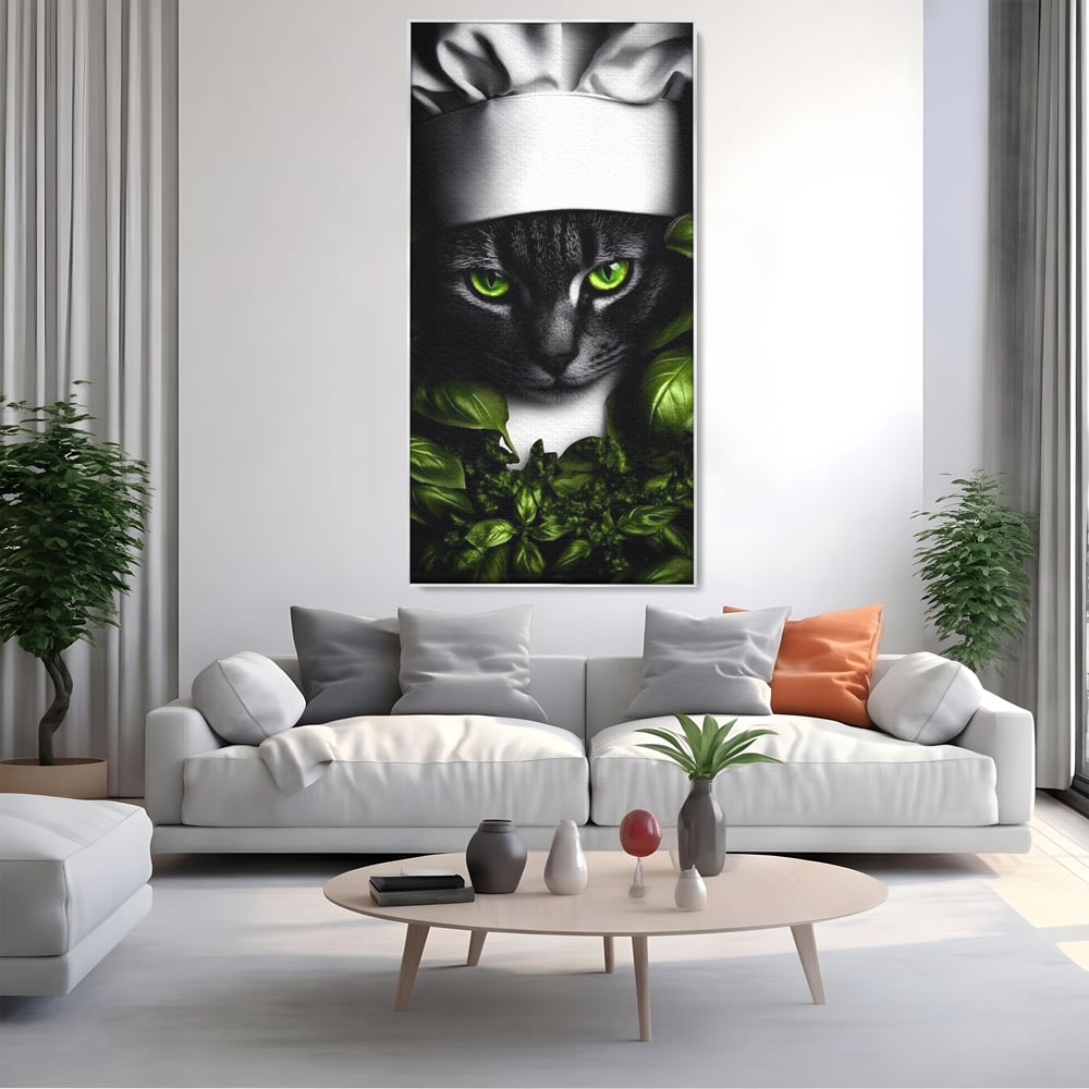 Tablou Canvas Premium, LuxCanva® M1208, Pisica Gourmet, Pisica, Bucatar, Plante, Felina, Frunze, Aroma, Bucatarie, Gastronomie, Restaurant, Vegetal, Birou, Living, Camera Copil