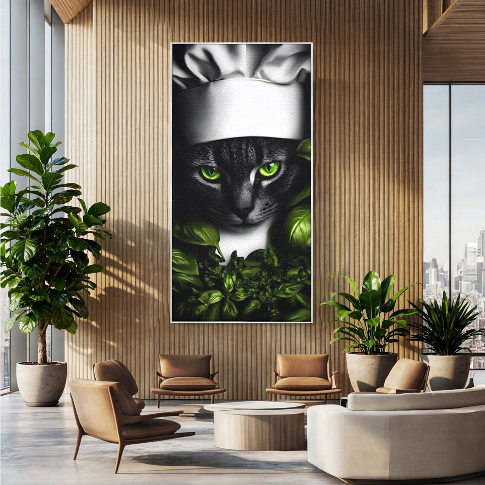 Tablou Canvas Premium, LuxCanva® M1208, Pisica Gourmet, Pisica, Bucatar, Plante, Felina, Frunze, Aroma, Bucatarie, Gastronomie, Restaurant, Vegetal, Birou, Living, Camera Copil