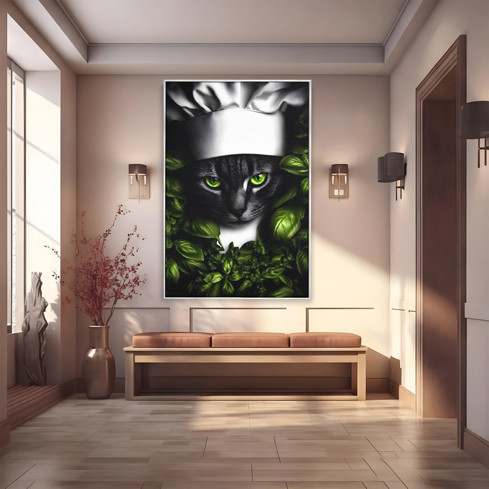 Tablou Canvas Premium, LuxCanva® M1208, Pisica Gourmet, Pisica, Bucatar, Plante, Felina, Frunze, Aroma, Bucatarie, Gastronomie, Restaurant, Vegetal, Birou, Living, Camera Copil