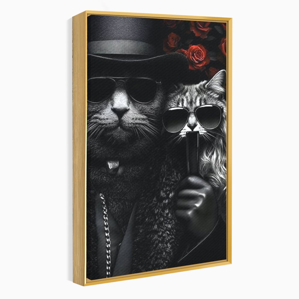 Tablou Canvas Premium, LuxCanva® M1209, Mafie in Doi, Trandafiri, Flori, Feline, Mafie, Pisici, Ochelari, Gangster, Pereche, Lux, Fashion, Palarie, Lant, Birou, Living, Camera Copil