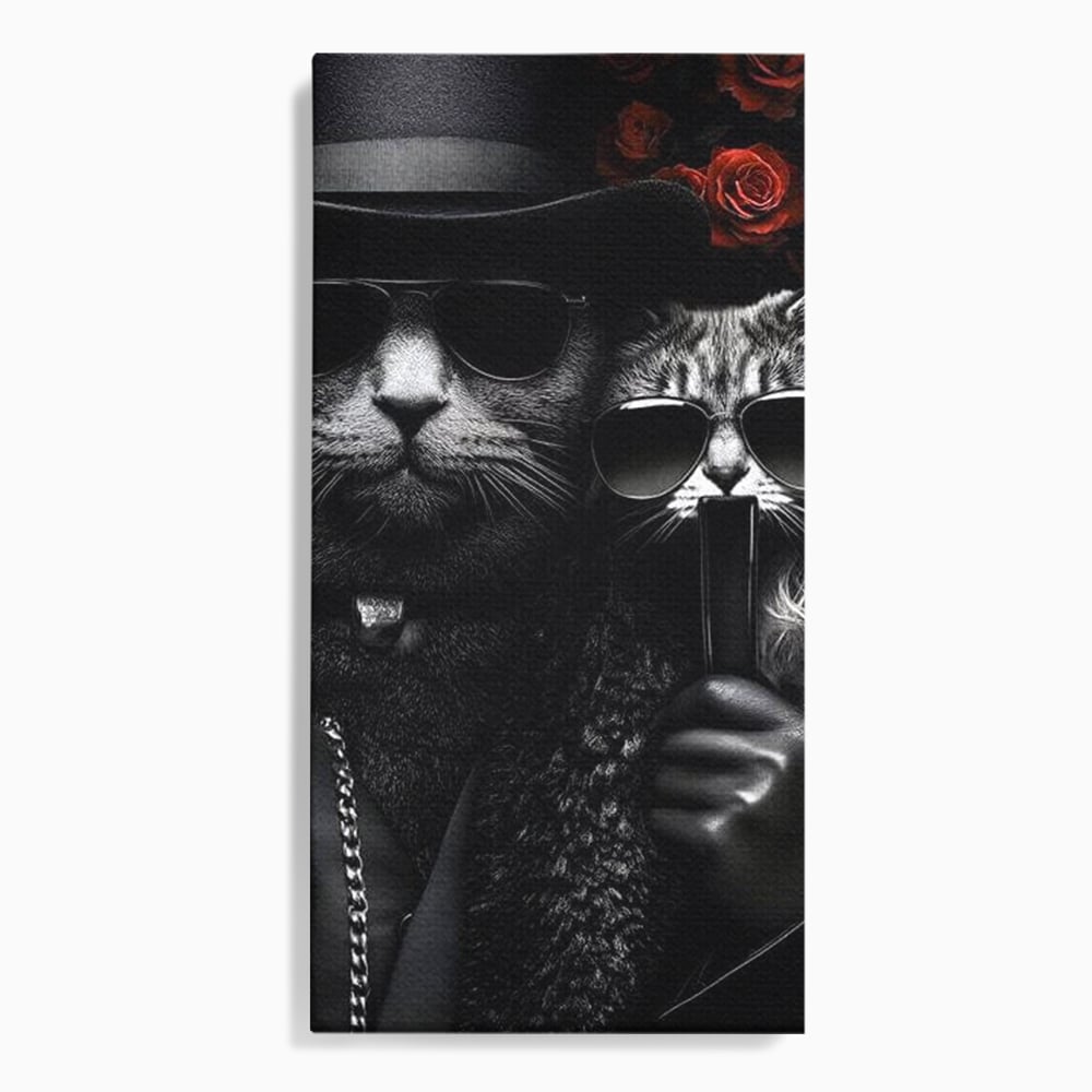 Tablou Canvas Premium, LuxCanva® M1209, Mafie in Doi, Trandafiri, Flori, Feline, Mafie, Pisici, Ochelari, Gangster, Pereche, Lux, Fashion, Palarie, Lant, Birou, Living, Camera Copil