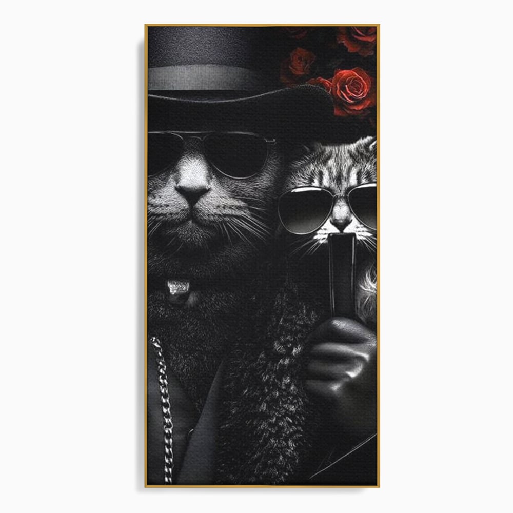 Tablou Canvas Premium, LuxCanva® M1209, Mafie in Doi, Trandafiri, Flori, Feline, Mafie, Pisici, Ochelari, Gangster, Pereche, Lux, Fashion, Palarie, Lant, Birou, Living, Camera Copil