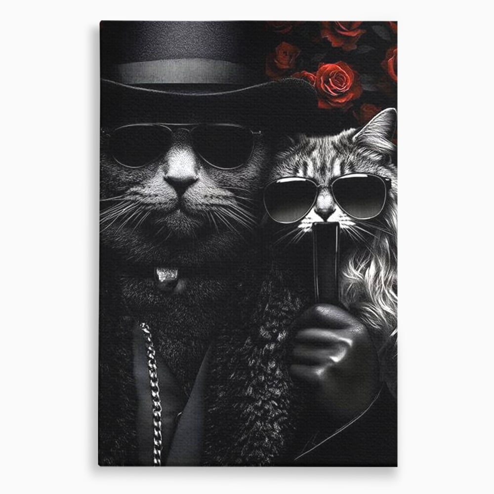 Tablou Canvas Premium, LuxCanva® M1209, Mafie in Doi, Trandafiri, Flori, Feline, Mafie, Pisici, Ochelari, Gangster, Pereche, Lux, Fashion, Palarie, Lant, Birou, Living, Camera Copil