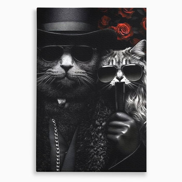 Tablou Canvas Premium, LuxCanva® M1209, Mafie in Doi, Trandafiri, Flori, Feline, Mafie, Pisici, Ochelari, Gangster, Pereche, Lux, Fashion, Palarie, Lant, Birou, Living, Camera Copil