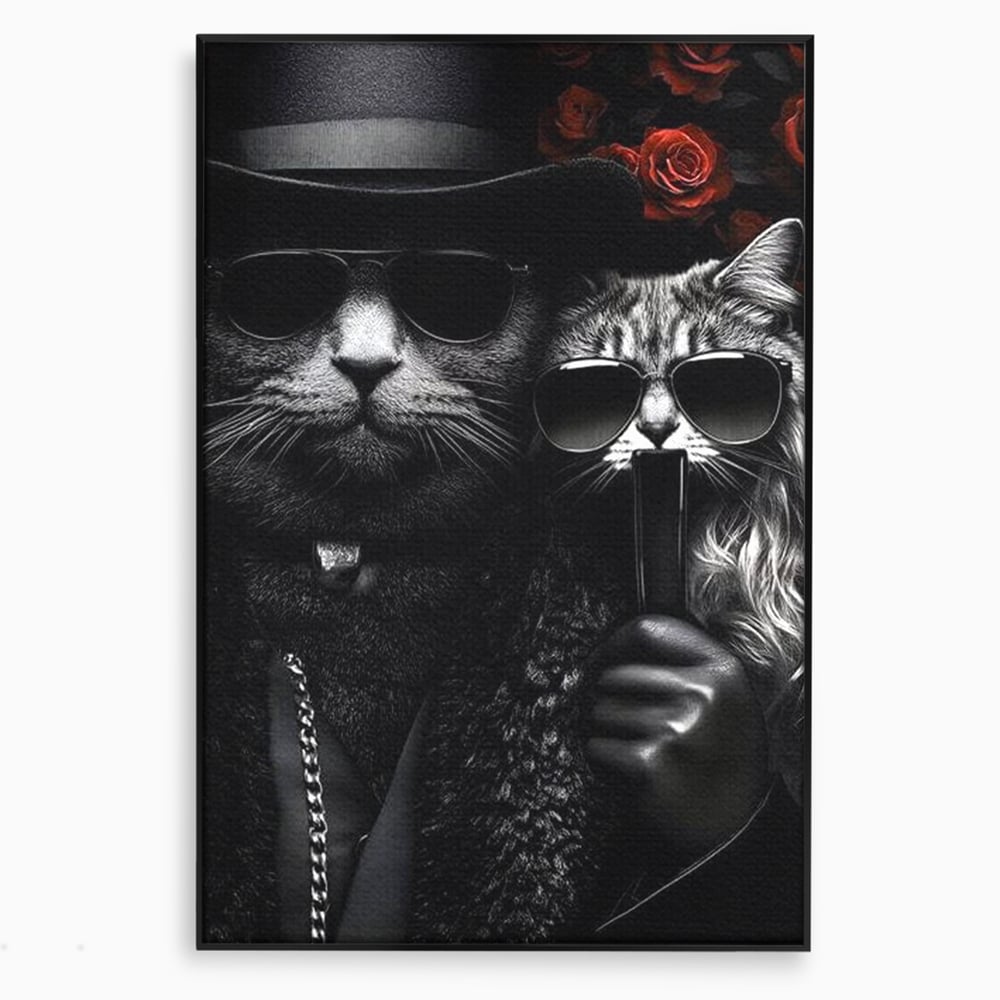 Tablou Canvas Premium, LuxCanva® M1209, Mafie in Doi, Trandafiri, Flori, Feline, Mafie, Pisici, Ochelari, Gangster, Pereche, Lux, Fashion, Palarie, Lant, Birou, Living, Camera Copil