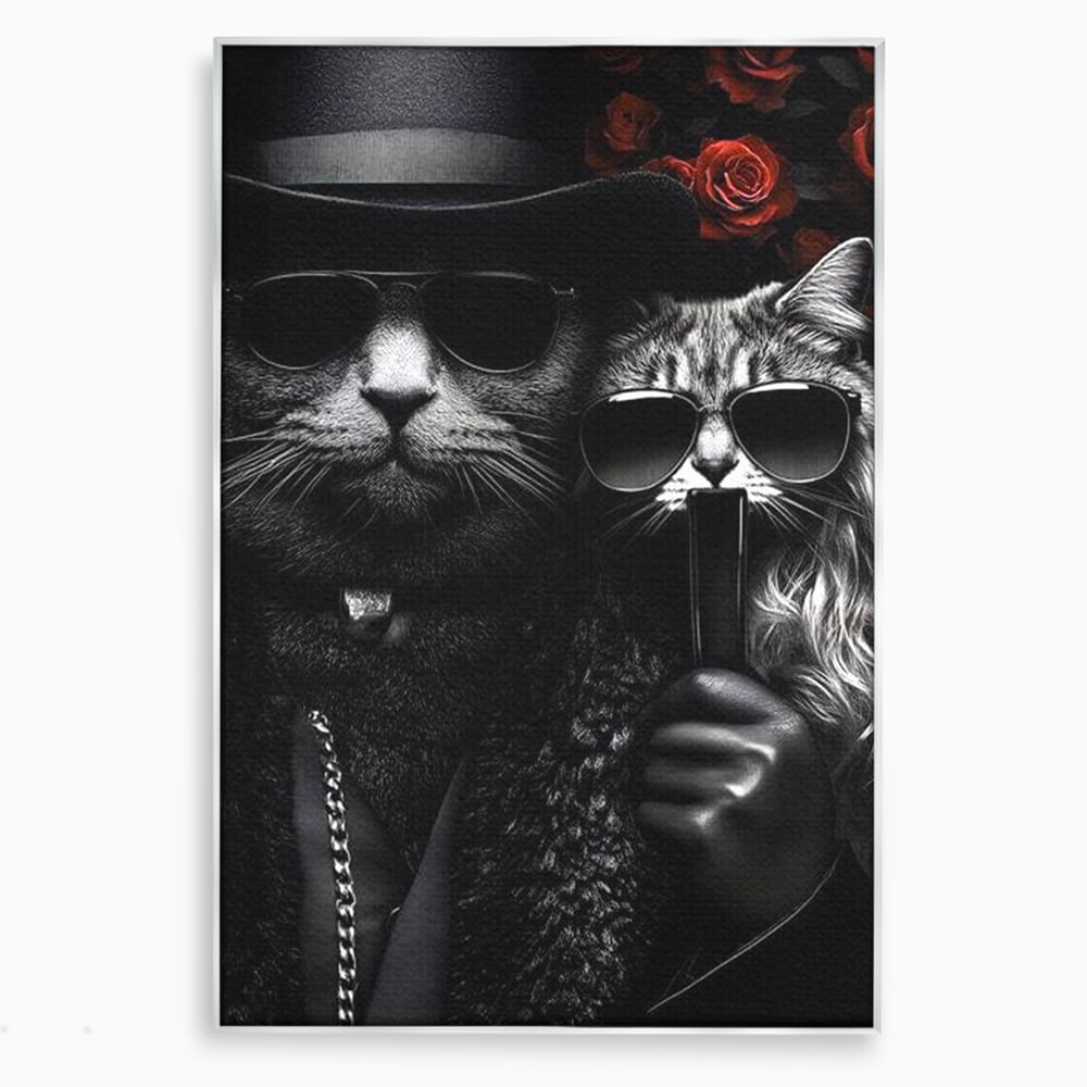 Tablou Canvas Premium, LuxCanva® M1209, Mafie in Doi, Trandafiri, Flori, Feline, Mafie, Pisici, Ochelari, Gangster, Pereche, Lux, Fashion, Palarie, Lant, Birou, Living, Camera Copil