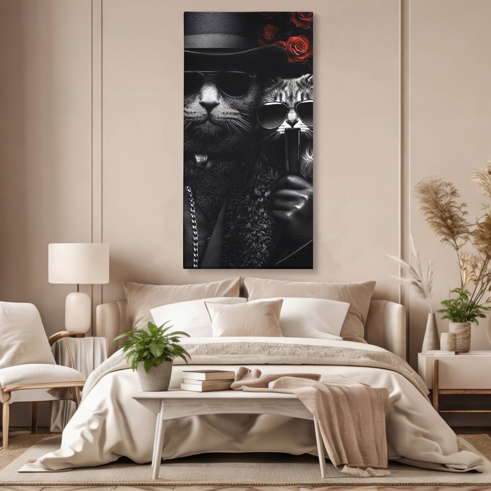 Tablou Canvas Premium, LuxCanva® M1209, Mafie in Doi, Trandafiri, Flori, Feline, Mafie, Pisici, Ochelari, Gangster, Pereche, Lux, Fashion, Palarie, Lant, Birou, Living, Camera Copil