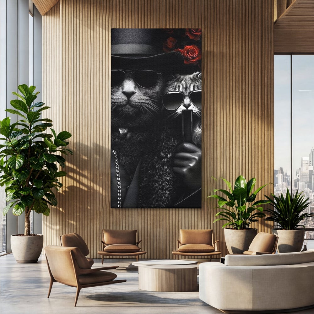 Tablou Canvas Premium, LuxCanva® M1209, Mafie in Doi, Trandafiri, Flori, Feline, Mafie, Pisici, Ochelari, Gangster, Pereche, Lux, Fashion, Palarie, Lant, Birou, Living, Camera Copil