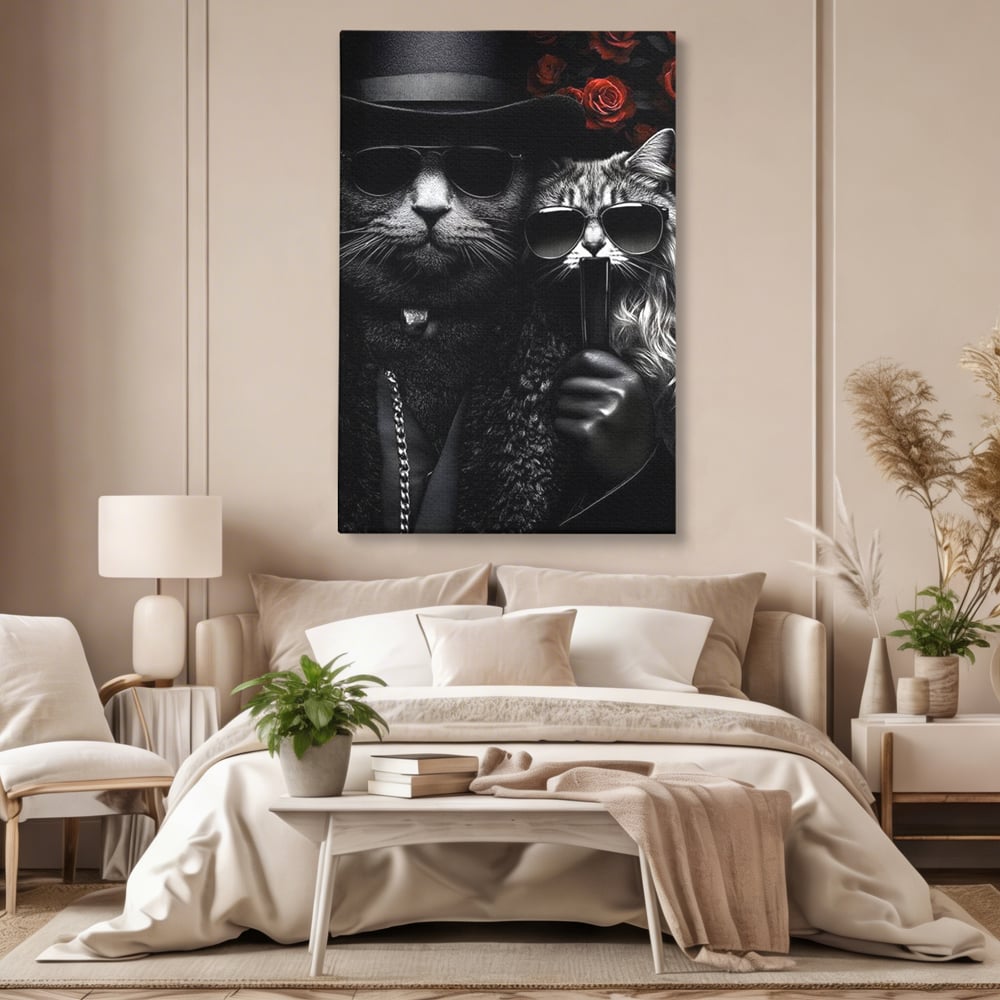 Tablou Canvas Premium, LuxCanva® M1209, Mafie in Doi, Trandafiri, Flori, Feline, Mafie, Pisici, Ochelari, Gangster, Pereche, Lux, Fashion, Palarie, Lant, Birou, Living, Camera Copil