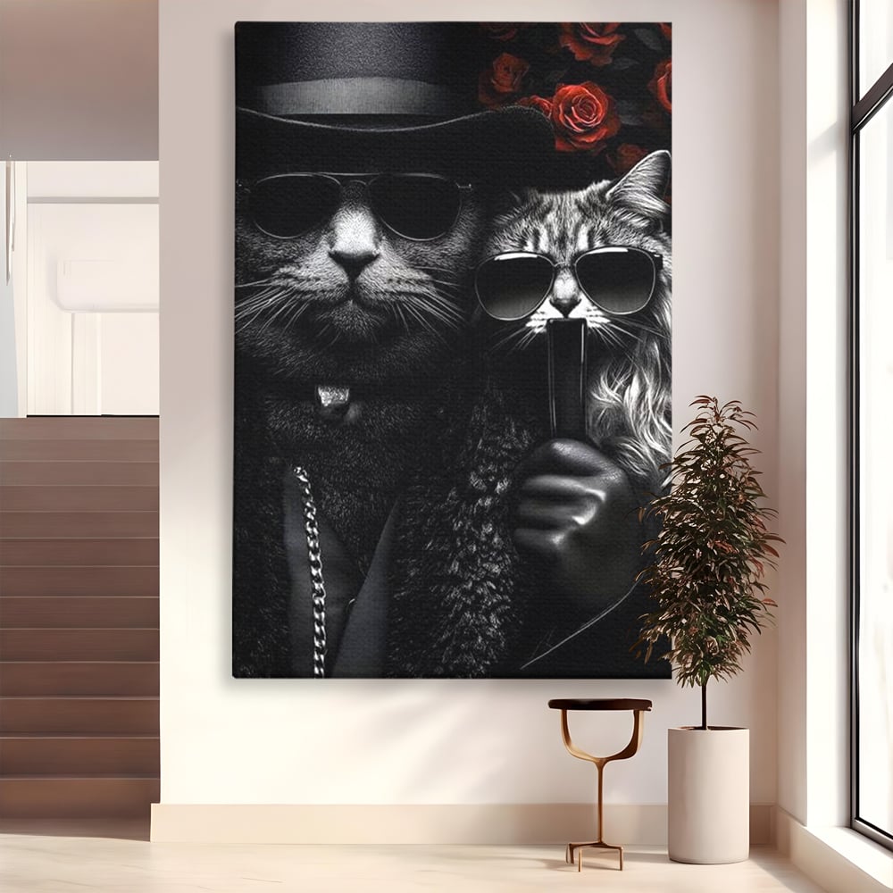 Tablou Canvas Premium, LuxCanva® M1209, Mafie in Doi, Trandafiri, Flori, Feline, Mafie, Pisici, Ochelari, Gangster, Pereche, Lux, Fashion, Palarie, Lant, Birou, Living, Camera Copil