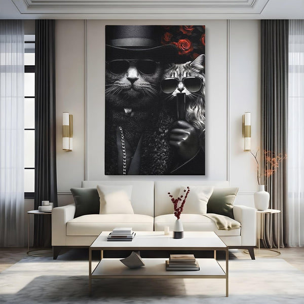 Tablou Canvas Premium, LuxCanva® M1209, Mafie in Doi, Trandafiri, Flori, Feline, Mafie, Pisici, Ochelari, Gangster, Pereche, Lux, Fashion, Palarie, Lant, Birou, Living, Camera Copil