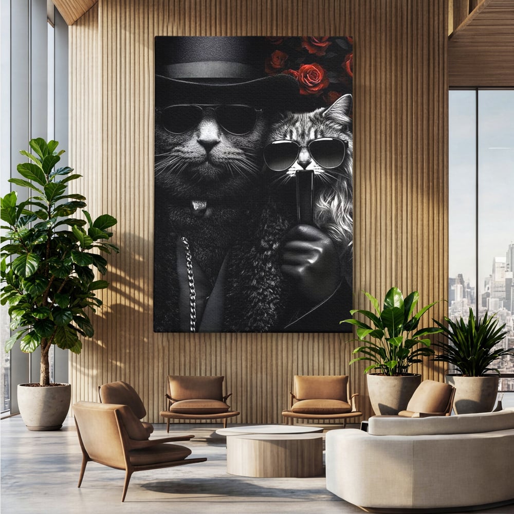 Tablou Canvas Premium, LuxCanva® M1209, Mafie in Doi, Trandafiri, Flori, Feline, Mafie, Pisici, Ochelari, Gangster, Pereche, Lux, Fashion, Palarie, Lant, Birou, Living, Camera Copil