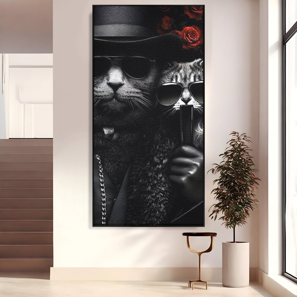 Tablou Canvas Premium, LuxCanva® M1209, Mafie in Doi, Trandafiri, Flori, Feline, Mafie, Pisici, Ochelari, Gangster, Pereche, Lux, Fashion, Palarie, Lant, Birou, Living, Camera Copil