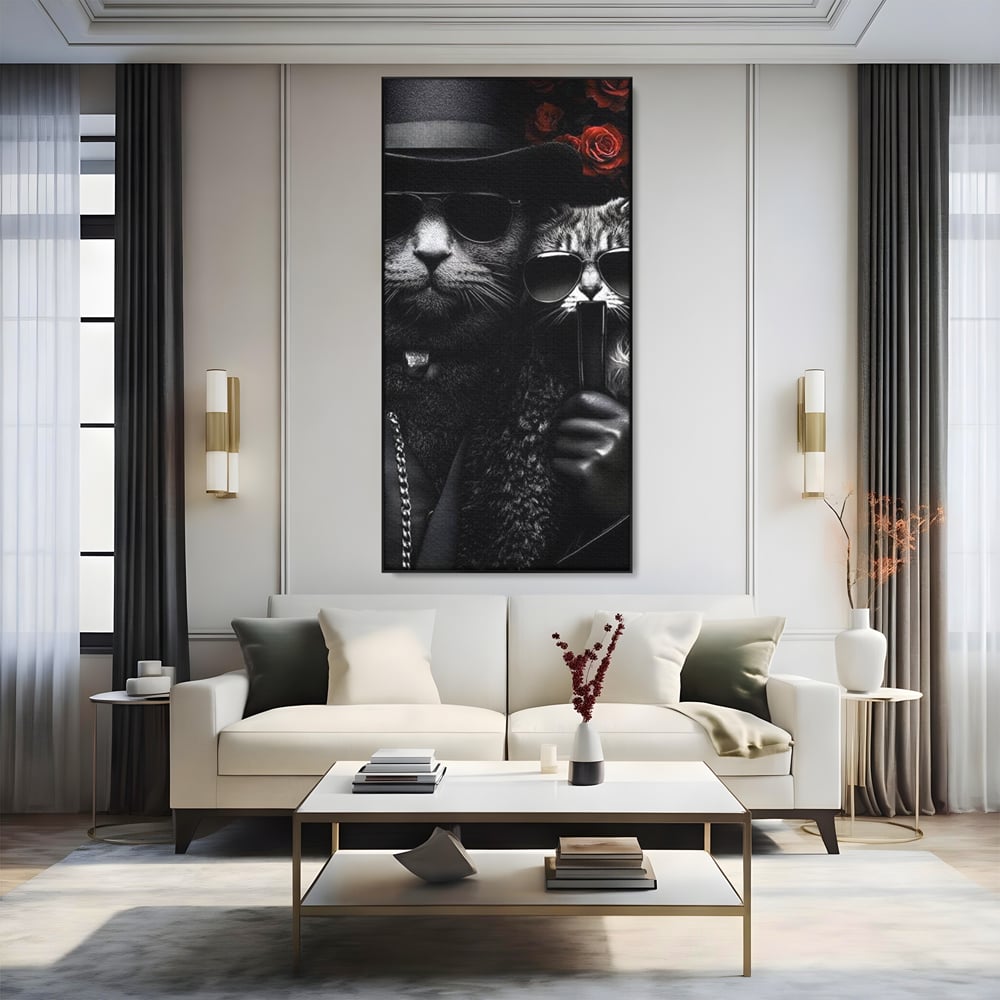 Tablou Canvas Premium, LuxCanva® M1209, Mafie in Doi, Trandafiri, Flori, Feline, Mafie, Pisici, Ochelari, Gangster, Pereche, Lux, Fashion, Palarie, Lant, Birou, Living, Camera Copil