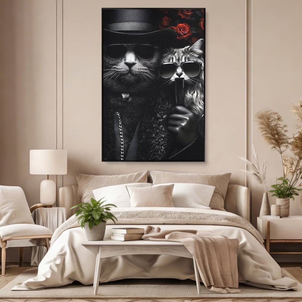 Tablou Canvas Premium, LuxCanva® M1209, Mafie in Doi, Trandafiri, Flori, Feline, Mafie, Pisici, Ochelari, Gangster, Pereche, Lux, Fashion, Palarie, Lant, Birou, Living, Camera Copil