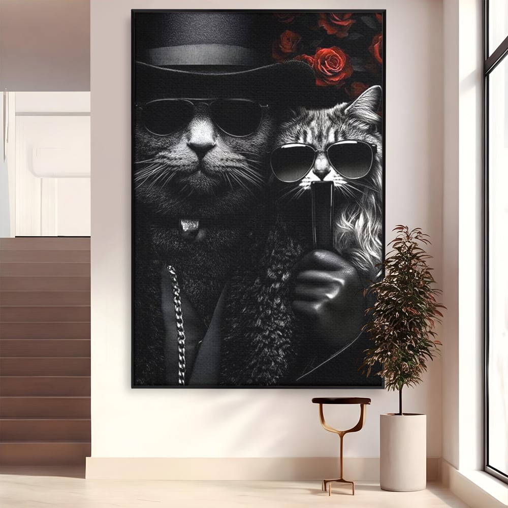 Tablou Canvas Premium, LuxCanva® M1209, Mafie in Doi, Trandafiri, Flori, Feline, Mafie, Pisici, Ochelari, Gangster, Pereche, Lux, Fashion, Palarie, Lant, Birou, Living, Camera Copil