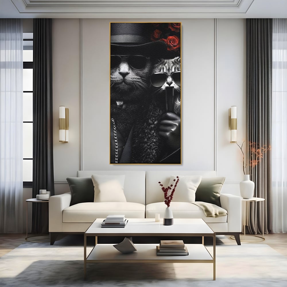 Tablou Canvas Premium, LuxCanva® M1209, Mafie in Doi, Trandafiri, Flori, Feline, Mafie, Pisici, Ochelari, Gangster, Pereche, Lux, Fashion, Palarie, Lant, Birou, Living, Camera Copil