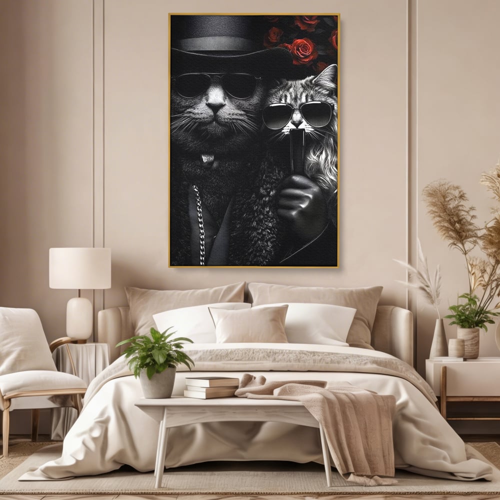 Tablou Canvas Premium, LuxCanva® M1209, Mafie in Doi, Trandafiri, Flori, Feline, Mafie, Pisici, Ochelari, Gangster, Pereche, Lux, Fashion, Palarie, Lant, Birou, Living, Camera Copil