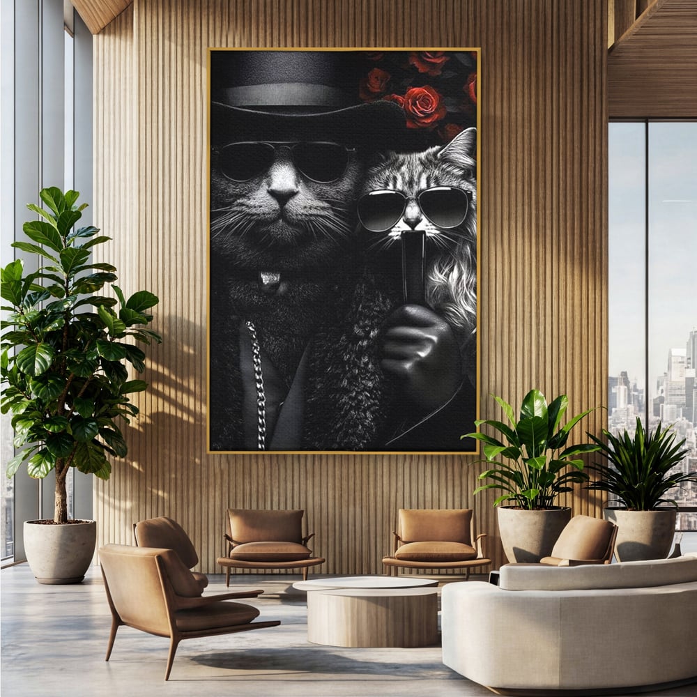 Tablou Canvas Premium, LuxCanva® M1209, Mafie in Doi, Trandafiri, Flori, Feline, Mafie, Pisici, Ochelari, Gangster, Pereche, Lux, Fashion, Palarie, Lant, Birou, Living, Camera Copil