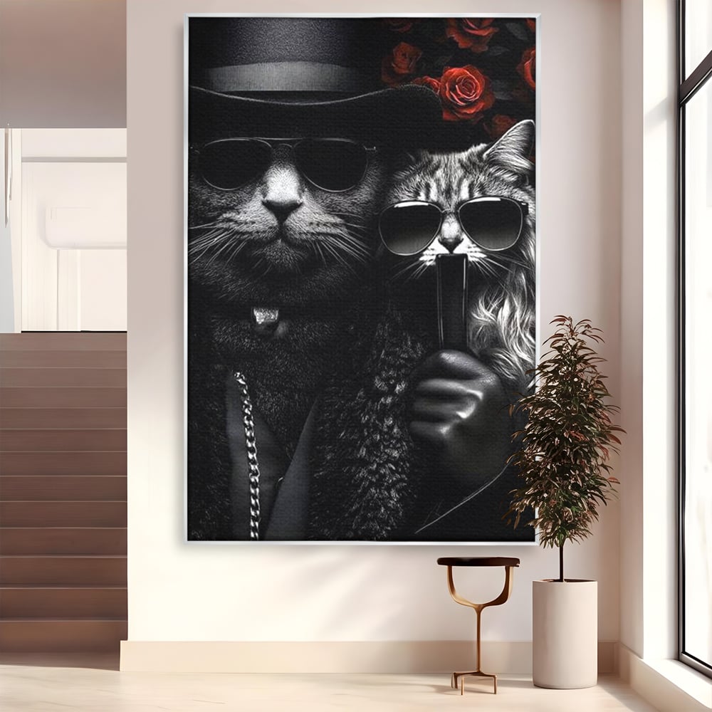 Tablou Canvas Premium, LuxCanva® M1209, Mafie in Doi, Trandafiri, Flori, Feline, Mafie, Pisici, Ochelari, Gangster, Pereche, Lux, Fashion, Palarie, Lant, Birou, Living, Camera Copil