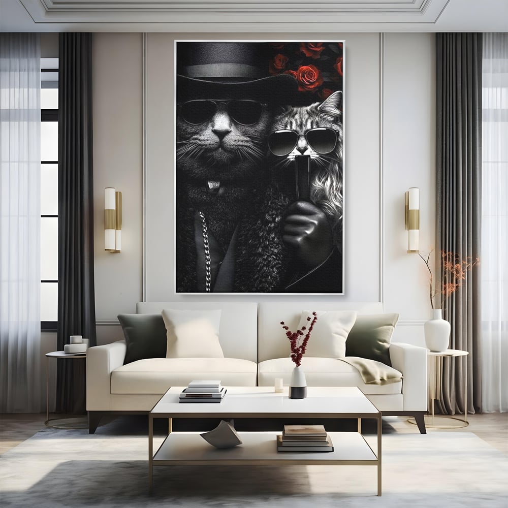 Tablou Canvas Premium, LuxCanva® M1209, Mafie in Doi, Trandafiri, Flori, Feline, Mafie, Pisici, Ochelari, Gangster, Pereche, Lux, Fashion, Palarie, Lant, Birou, Living, Camera Copil