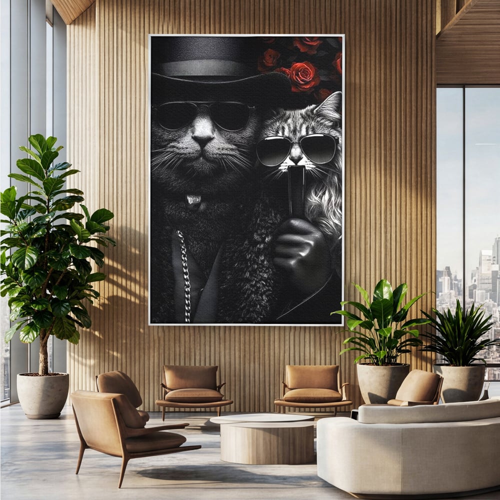 Tablou Canvas Premium, LuxCanva® M1209, Mafie in Doi, Trandafiri, Flori, Feline, Mafie, Pisici, Ochelari, Gangster, Pereche, Lux, Fashion, Palarie, Lant, Birou, Living, Camera Copil