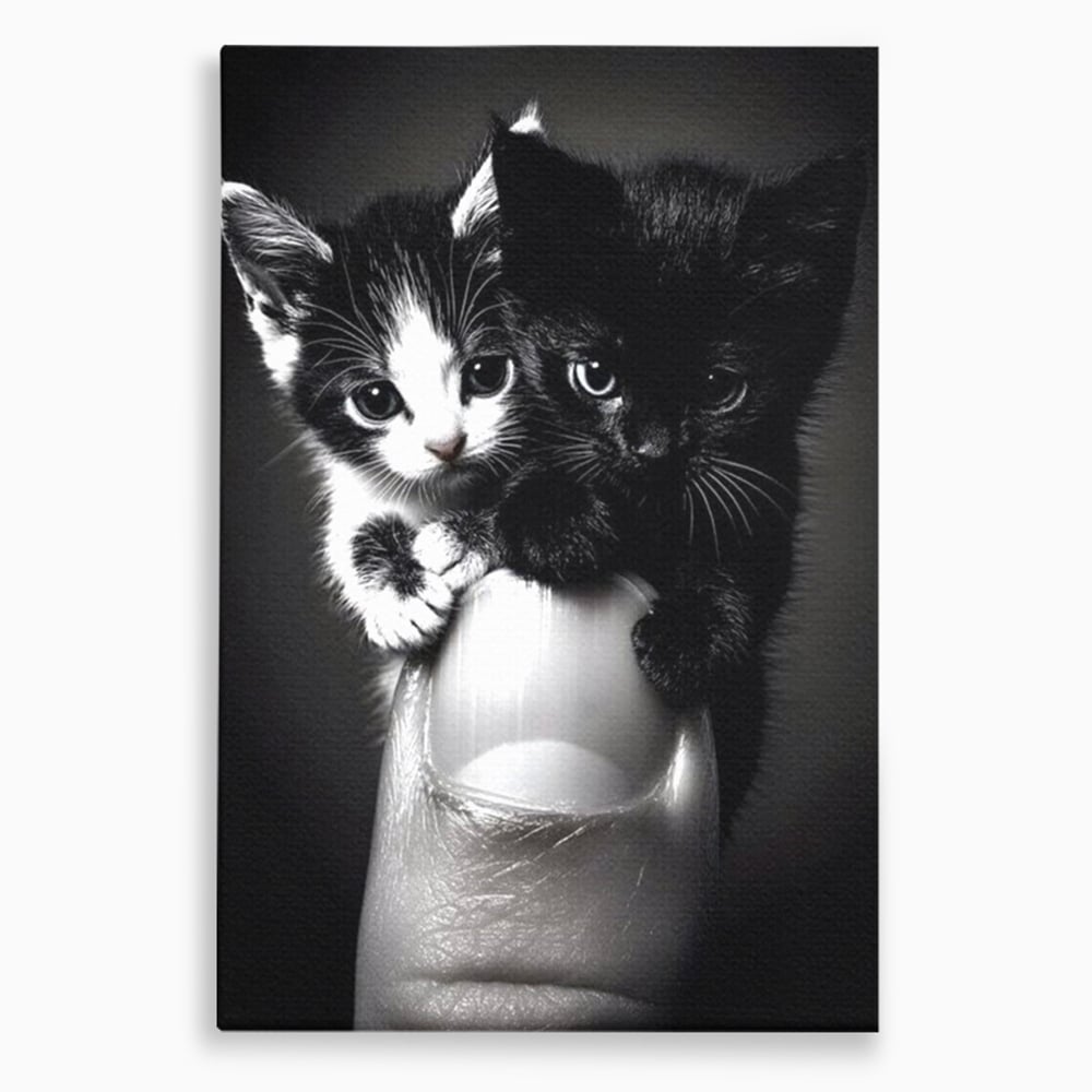 Tablou Canvas Premium, LuxCanva® M1210, Inceput de Viata, Pui, Pisici, Inocenta, Pereche, Feline, Dragalas, Jucaus, Prietenie, Adorabil, Alb si Negru, Copilarie, Birou, Living, Camera Copil