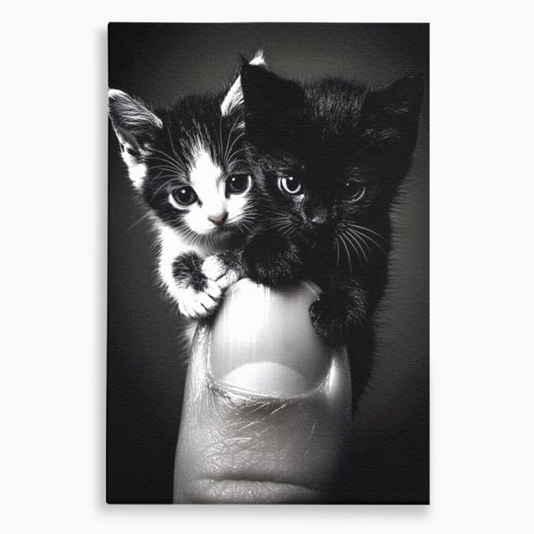 Tablou Canvas Premium, LuxCanva® M1210, Inceput de Viata, Pui, Pisici, Inocenta, Pereche, Feline, Dragalas, Jucaus, Prietenie, Adorabil, Alb si Negru, Copilarie, Birou, Living, Camera Copil