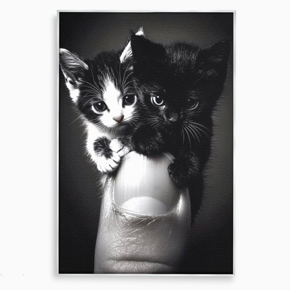 Tablou Canvas Premium, LuxCanva® M1210, Inceput de Viata, Pui, Pisici, Inocenta, Pereche, Feline, Dragalas, Jucaus, Prietenie, Adorabil, Alb si Negru, Copilarie, Birou, Living, Camera Copil