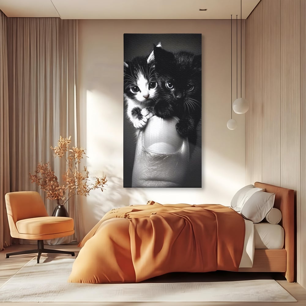 Tablou Canvas Premium, LuxCanva® M1210, Inceput de Viata, Pui, Pisici, Inocenta, Pereche, Feline, Dragalas, Jucaus, Prietenie, Adorabil, Alb si Negru, Copilarie, Birou, Living, Camera Copil