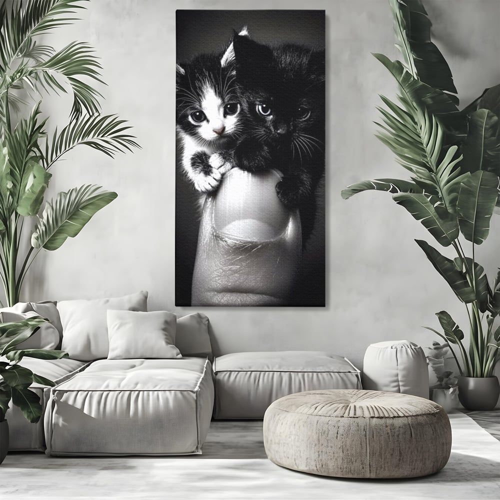 Tablou Canvas Premium, LuxCanva® M1210, Inceput de Viata, Pui, Pisici, Inocenta, Pereche, Feline, Dragalas, Jucaus, Prietenie, Adorabil, Alb si Negru, Copilarie, Birou, Living, Camera Copil