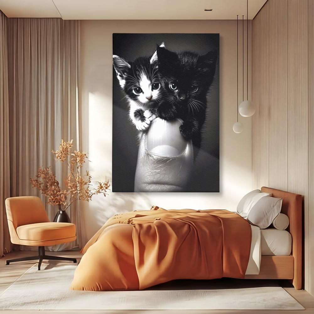 Tablou Canvas Premium, LuxCanva® M1210, Inceput de Viata, Pui, Pisici, Inocenta, Pereche, Feline, Dragalas, Jucaus, Prietenie, Adorabil, Alb si Negru, Copilarie, Birou, Living, Camera Copil