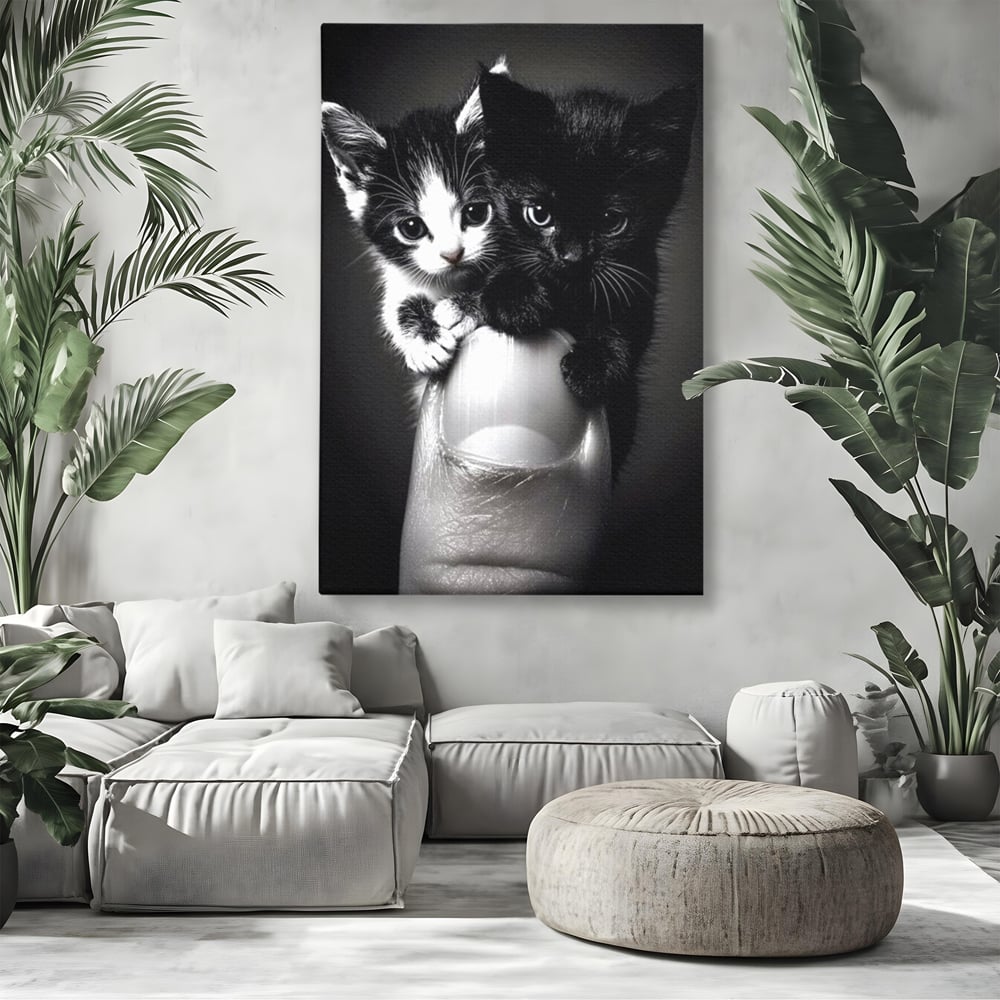 Tablou Canvas Premium, LuxCanva® M1210, Inceput de Viata, Pui, Pisici, Inocenta, Pereche, Feline, Dragalas, Jucaus, Prietenie, Adorabil, Alb si Negru, Copilarie, Birou, Living, Camera Copil