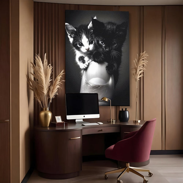 Tablou Canvas Premium, LuxCanva® M1210, Inceput de Viata, Pui, Pisici, Inocenta, Pereche, Feline, Dragalas, Jucaus, Prietenie, Adorabil, Alb si Negru, Copilarie, Birou, Living, Camera Copil