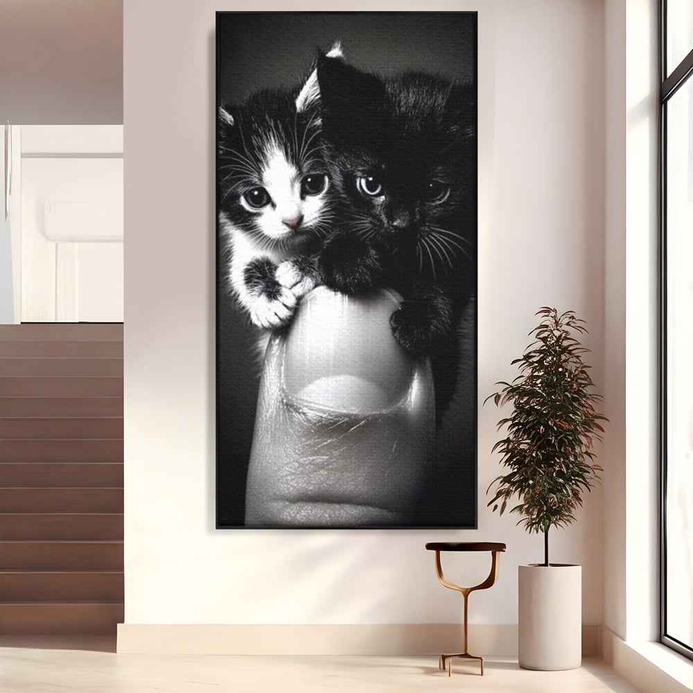 Tablou Canvas Premium, LuxCanva® M1210, Inceput de Viata, Pui, Pisici, Inocenta, Pereche, Feline, Dragalas, Jucaus, Prietenie, Adorabil, Alb si Negru, Copilarie, Birou, Living, Camera Copil