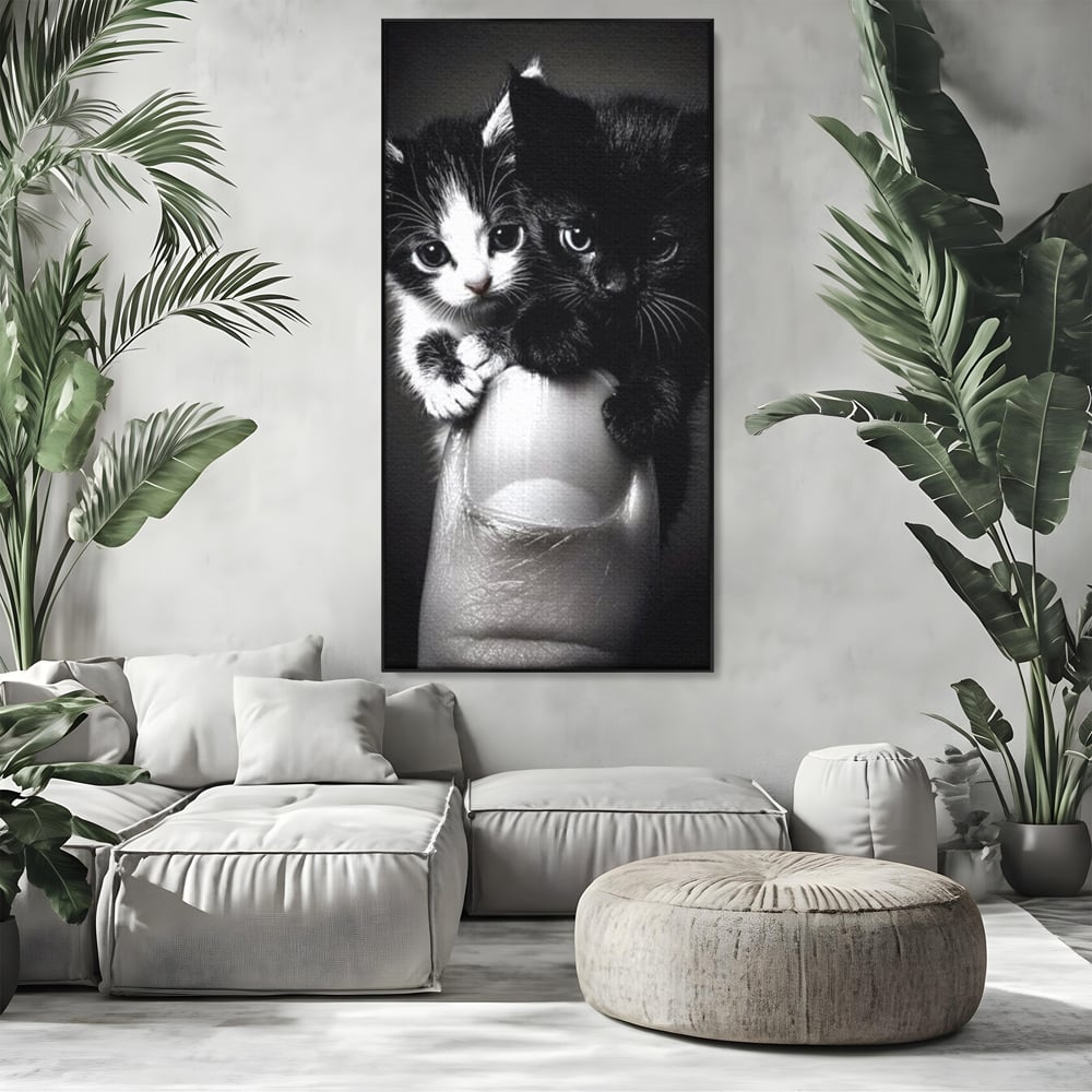 Tablou Canvas Premium, LuxCanva® M1210, Inceput de Viata, Pui, Pisici, Inocenta, Pereche, Feline, Dragalas, Jucaus, Prietenie, Adorabil, Alb si Negru, Copilarie, Birou, Living, Camera Copil