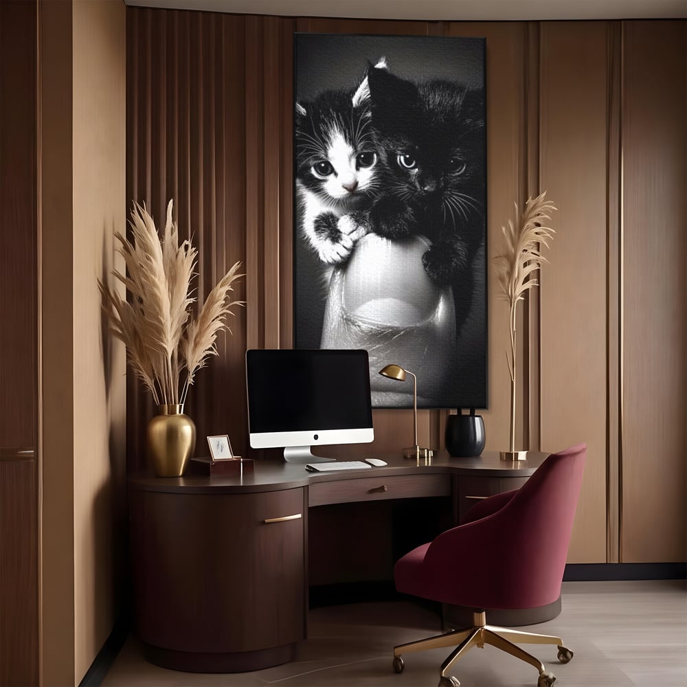 Tablou Canvas Premium, LuxCanva® M1210, Inceput de Viata, Pui, Pisici, Inocenta, Pereche, Feline, Dragalas, Jucaus, Prietenie, Adorabil, Alb si Negru, Copilarie, Birou, Living, Camera Copil
