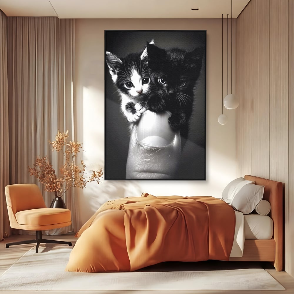 Tablou Canvas Premium, LuxCanva® M1210, Inceput de Viata, Pui, Pisici, Inocenta, Pereche, Feline, Dragalas, Jucaus, Prietenie, Adorabil, Alb si Negru, Copilarie, Birou, Living, Camera Copil