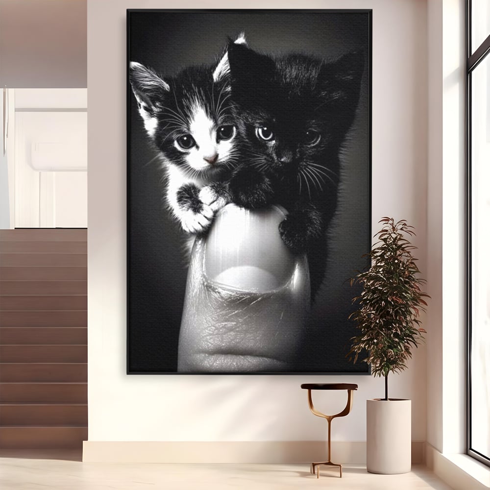 Tablou Canvas Premium, LuxCanva® M1210, Inceput de Viata, Pui, Pisici, Inocenta, Pereche, Feline, Dragalas, Jucaus, Prietenie, Adorabil, Alb si Negru, Copilarie, Birou, Living, Camera Copil