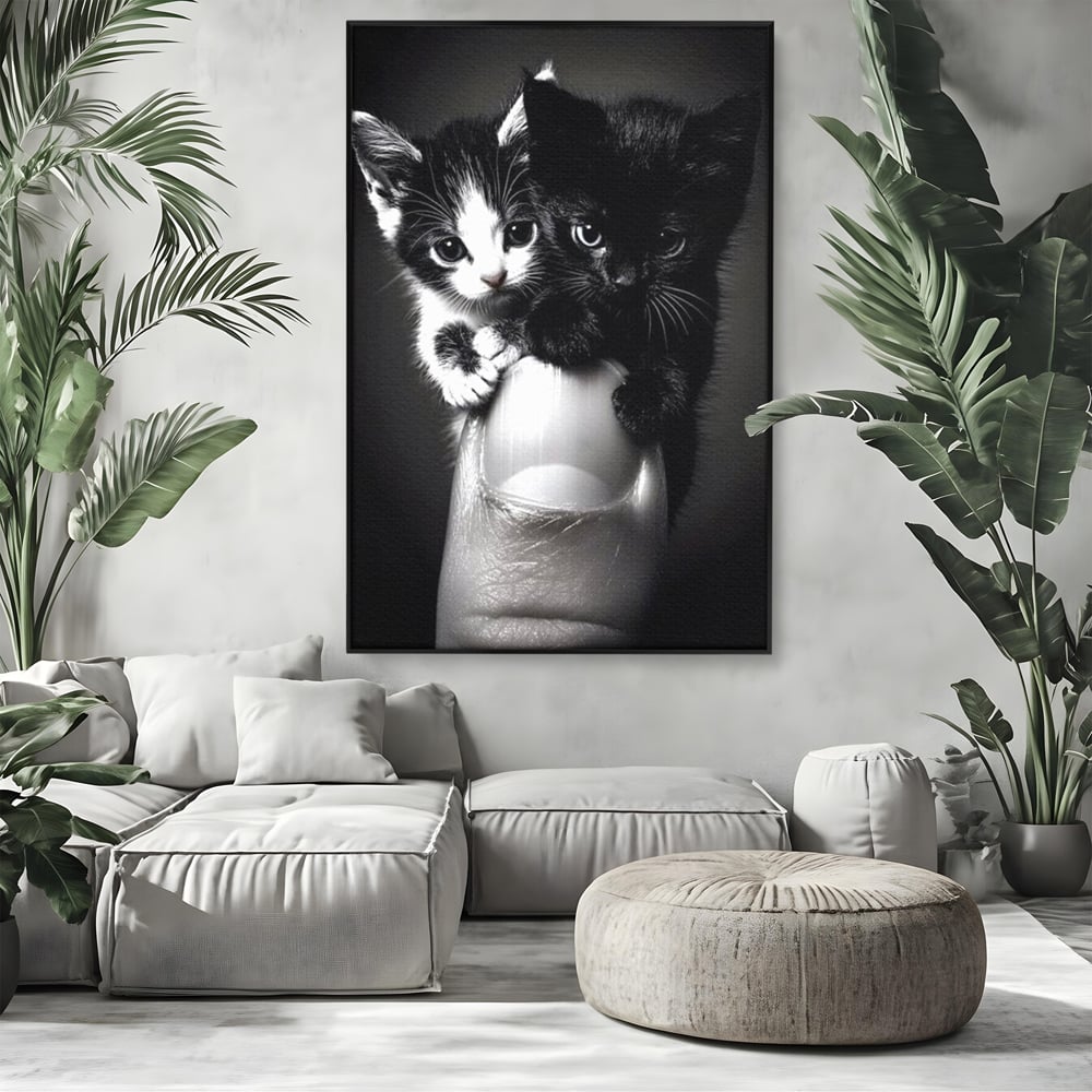 Tablou Canvas Premium, LuxCanva® M1210, Inceput de Viata, Pui, Pisici, Inocenta, Pereche, Feline, Dragalas, Jucaus, Prietenie, Adorabil, Alb si Negru, Copilarie, Birou, Living, Camera Copil