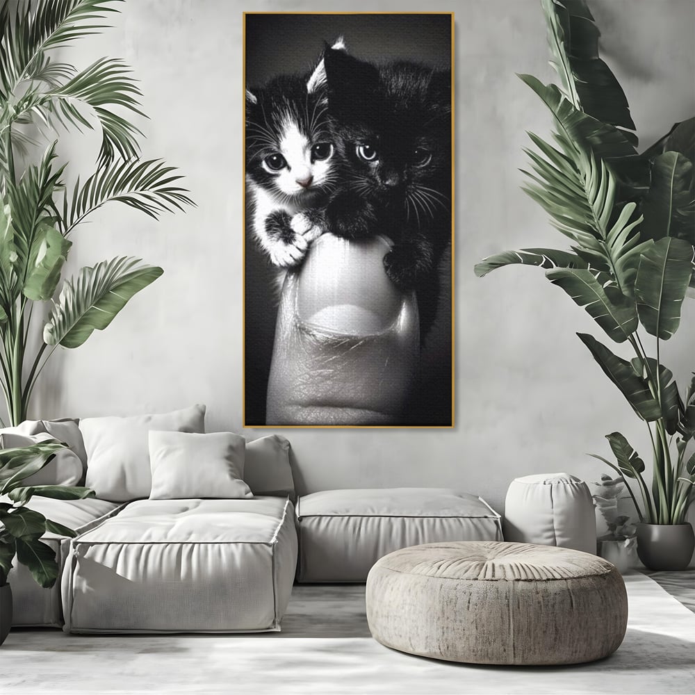 Tablou Canvas Premium, LuxCanva® M1210, Inceput de Viata, Pui, Pisici, Inocenta, Pereche, Feline, Dragalas, Jucaus, Prietenie, Adorabil, Alb si Negru, Copilarie, Birou, Living, Camera Copil