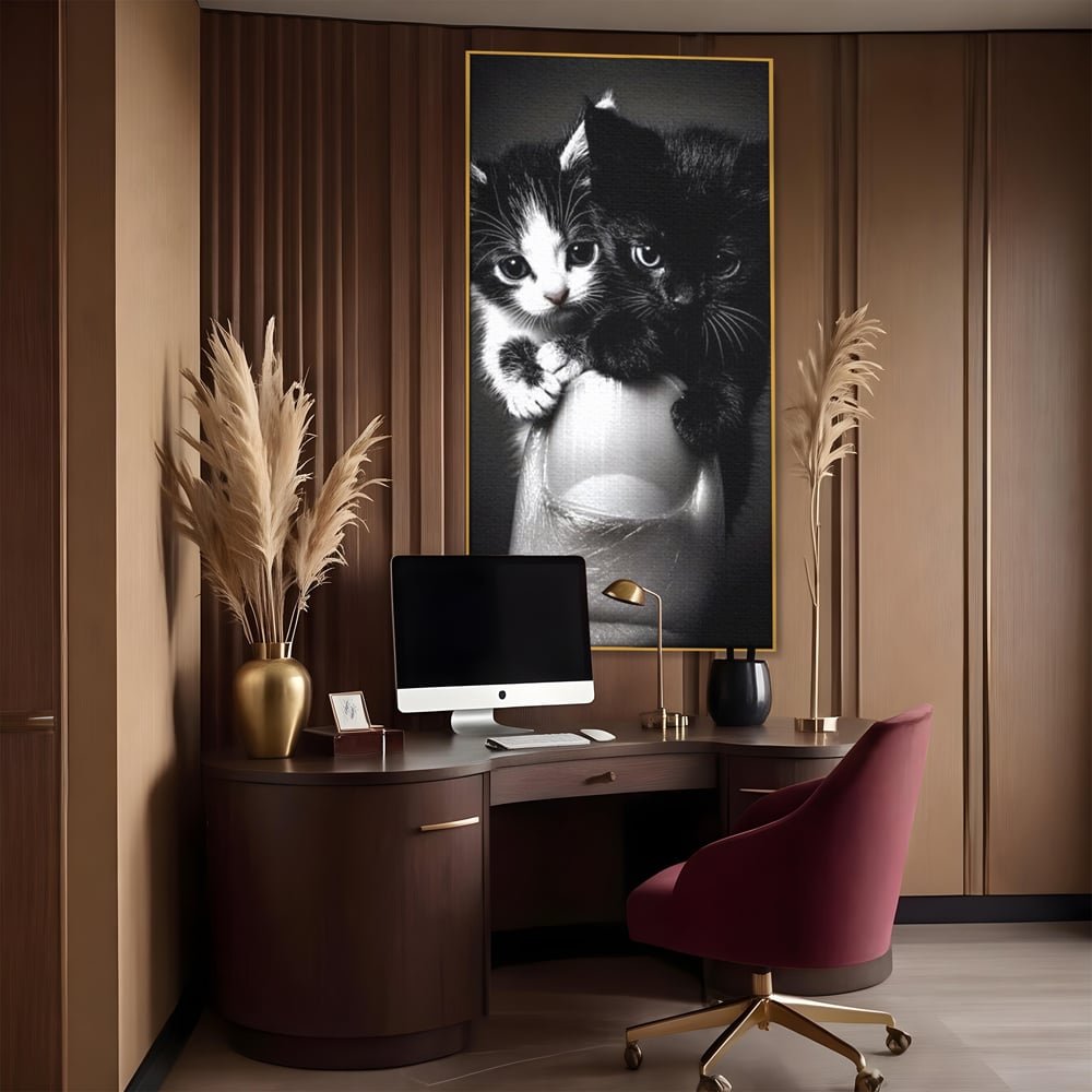Tablou Canvas Premium, LuxCanva® M1210, Inceput de Viata, Pui, Pisici, Inocenta, Pereche, Feline, Dragalas, Jucaus, Prietenie, Adorabil, Alb si Negru, Copilarie, Birou, Living, Camera Copil