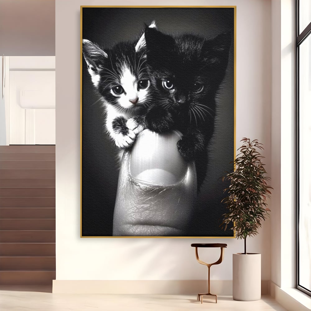 Tablou Canvas Premium, LuxCanva® M1210, Inceput de Viata, Pui, Pisici, Inocenta, Pereche, Feline, Dragalas, Jucaus, Prietenie, Adorabil, Alb si Negru, Copilarie, Birou, Living, Camera Copil