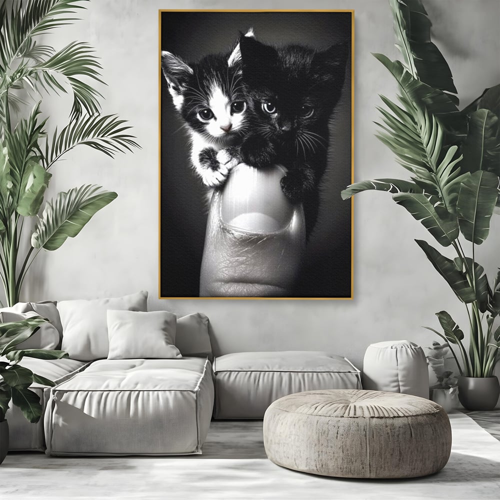 Tablou Canvas Premium, LuxCanva® M1210, Inceput de Viata, Pui, Pisici, Inocenta, Pereche, Feline, Dragalas, Jucaus, Prietenie, Adorabil, Alb si Negru, Copilarie, Birou, Living, Camera Copil