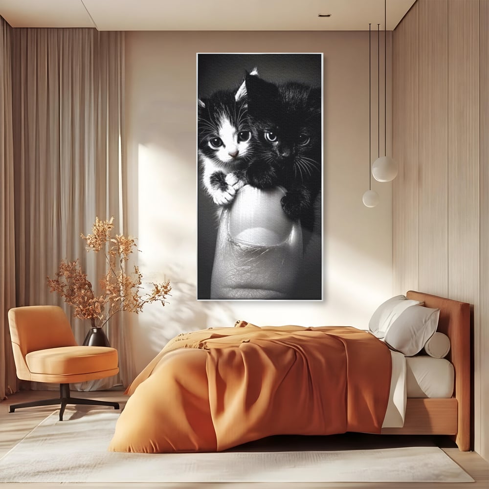 Tablou Canvas Premium, LuxCanva® M1210, Inceput de Viata, Pui, Pisici, Inocenta, Pereche, Feline, Dragalas, Jucaus, Prietenie, Adorabil, Alb si Negru, Copilarie, Birou, Living, Camera Copil