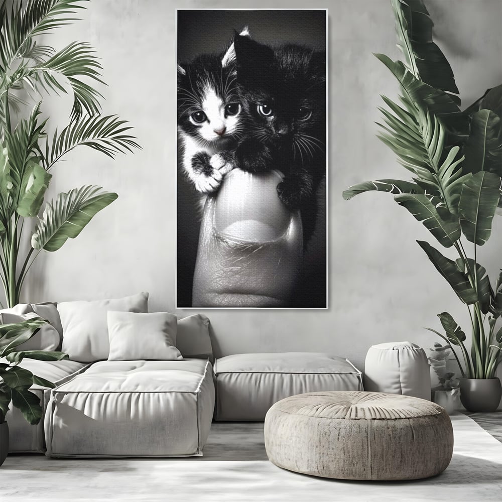 Tablou Canvas Premium, LuxCanva® M1210, Inceput de Viata, Pui, Pisici, Inocenta, Pereche, Feline, Dragalas, Jucaus, Prietenie, Adorabil, Alb si Negru, Copilarie, Birou, Living, Camera Copil