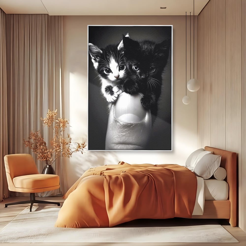 Tablou Canvas Premium, LuxCanva® M1210, Inceput de Viata, Pui, Pisici, Inocenta, Pereche, Feline, Dragalas, Jucaus, Prietenie, Adorabil, Alb si Negru, Copilarie, Birou, Living, Camera Copil
